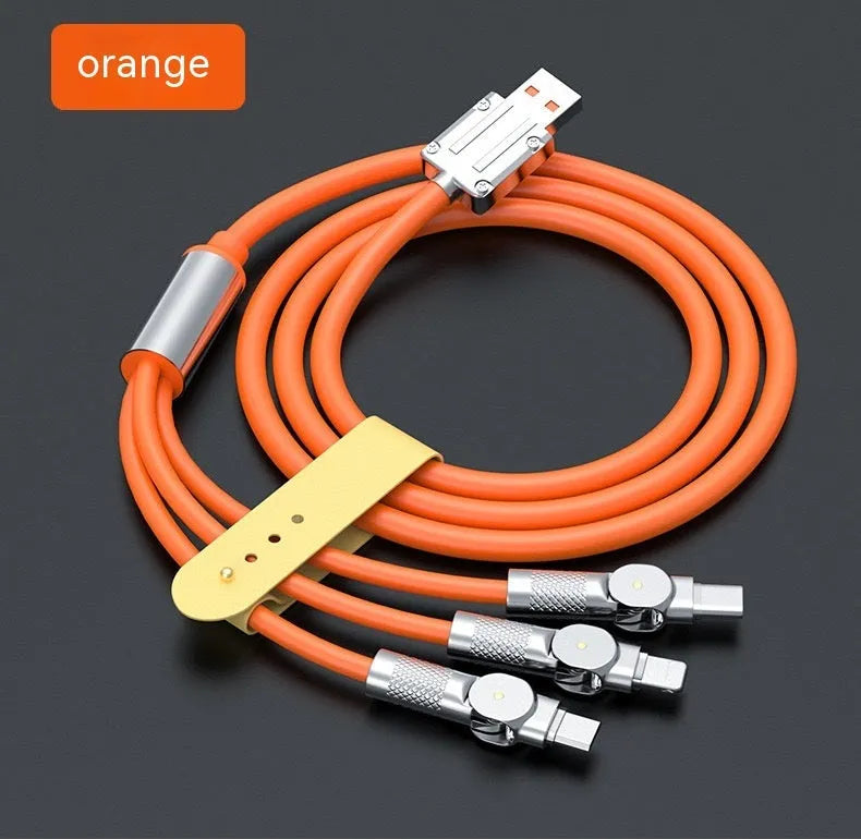 Zinc alloy rotating three-in-one data cable with light and elbow USB design, orange colour, on a white background