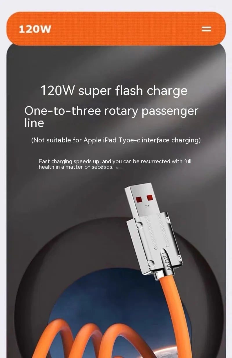 Zinc alloy rotating three-in-one data cable with light and elbow USB design, orange colour, on a white background