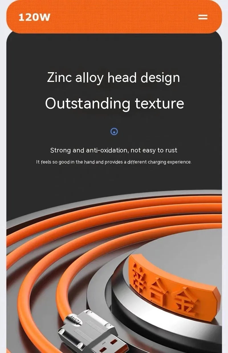 Zinc alloy rotating three-in-one data cable with light and elbow USB design, orange colour, on a white background