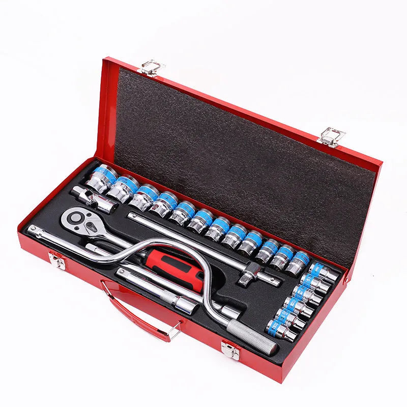 24-piece curved bow car repair wrench and socket combination tool kit with chrome vanadium steel construction