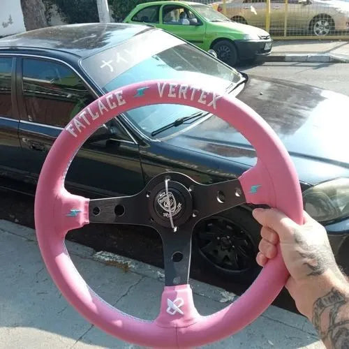 Pink leather steering wheel cover with embroidery, showing aluminium bracket and 13-inch size.