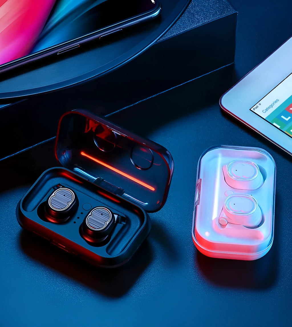 Touch control wireless Bluetooth earbuds in black, white, red, and blue colours showing earbud design.