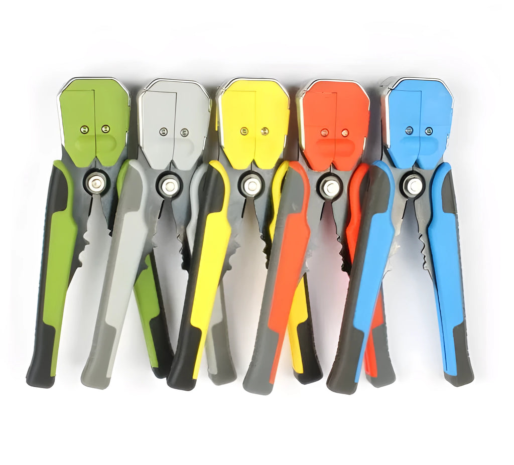 Yellow automatic cable wire stripper and crimping plier tool on a workbench.
