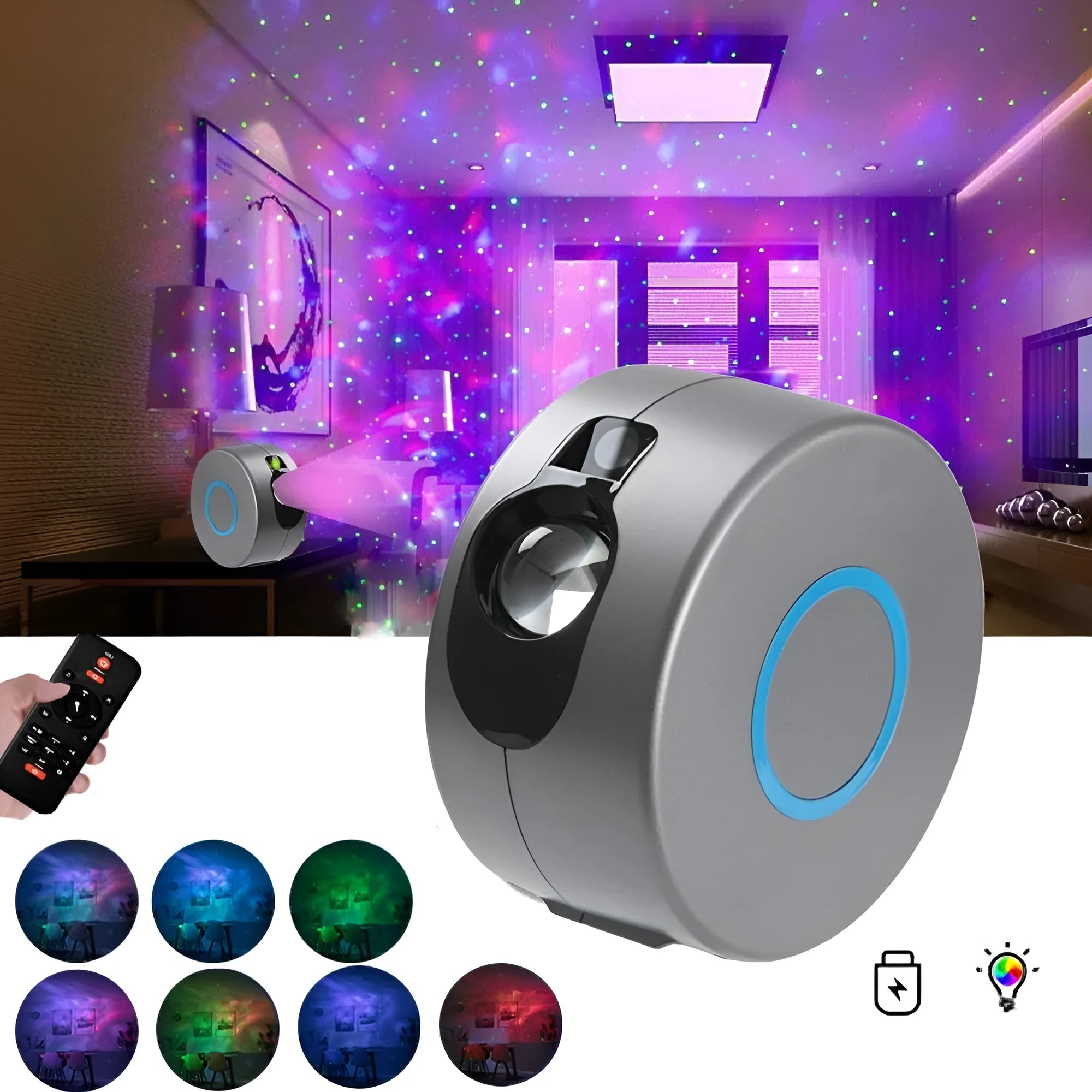 Galaxy starry sky projector rotating with 7 colours on a shelf, remote control next to it