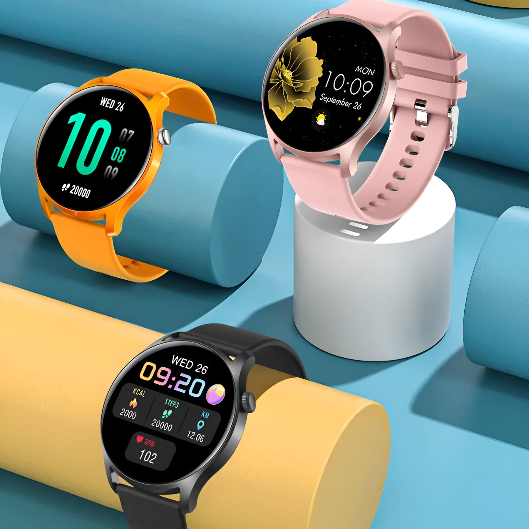 Smart watch with heart rate and blood pressure monitoring on wrist, showing black, gold, pink, and silver colour options