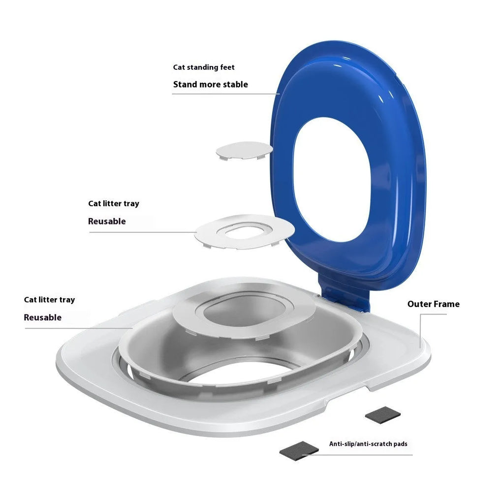 Fifth generation cat toilet trainer in grey, green, and blue colour options, made from ABS plastic.