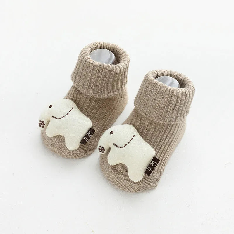 Non-slip baby socks with dispensing glue feature in cotton material, showing mid-calf height and colour options