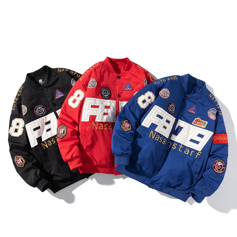 Black loose-fit motorcycle baseball jacket with detachable hood on a hanger