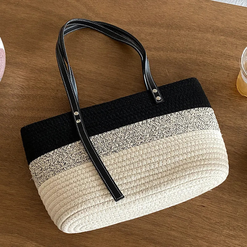 Hand woven oval cotton basket bag with sandwich pocket and double straps in khaki colour