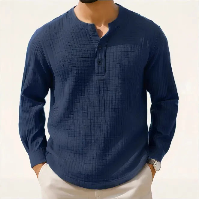 Cotton linen blend long sleeve t-shirt with 3/4 sleeves in slim fit pullover style