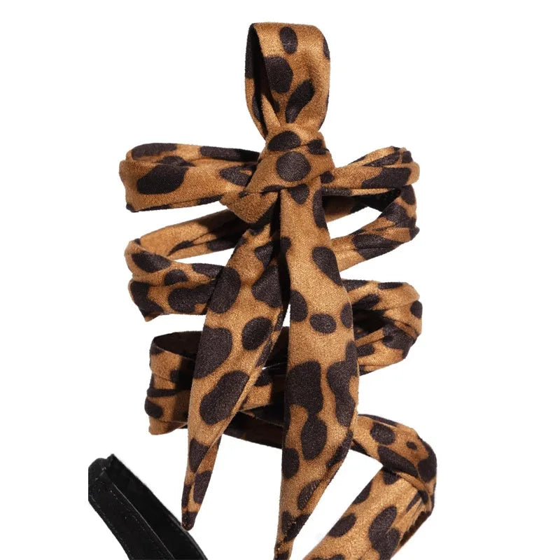 Light brown women's high heels with leopard print, thin ankle straps, and a tall stiletto heel on a plain background.