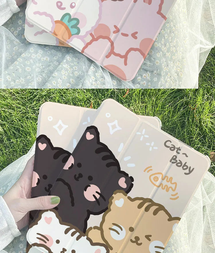 Silicone tri-fold protective case for iPad with cartoon rabbit design, showing front cover folded back.