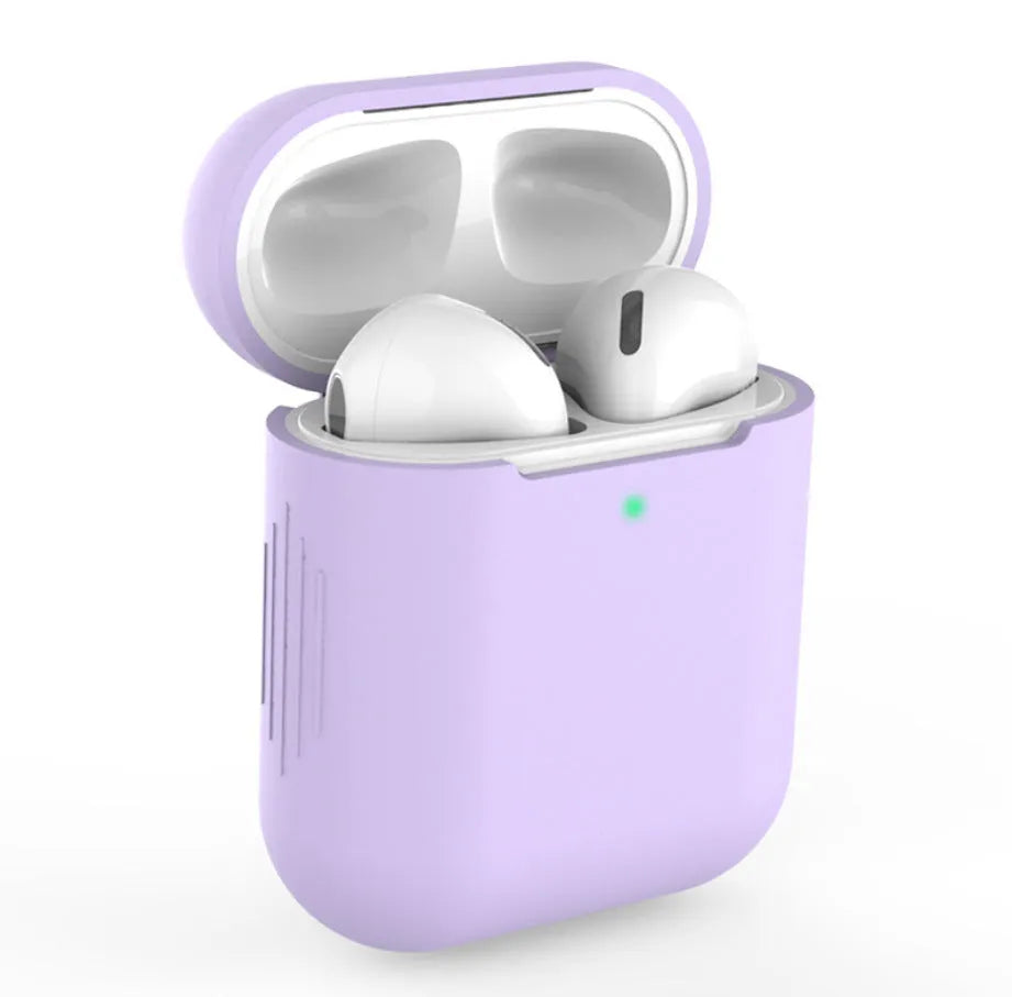 Silicone protective case for Apple AirPods shown in multiple colours, with dimensions 56mm by 47mm.