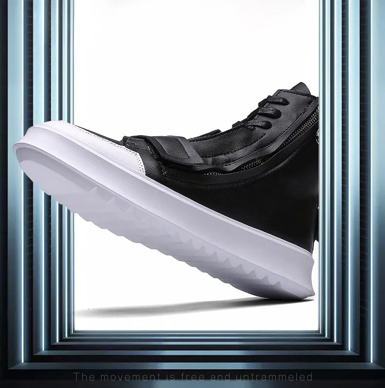 Men's black and white PU leather high-top ankle boots for winter, showing sneaker-style design.