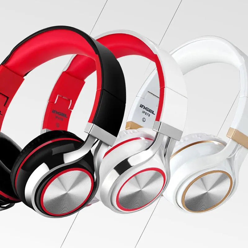 Folding Bluetooth headphones with 40mm drivers in black, blue, or white colour options showing dual connectivity with 3.5mm jack