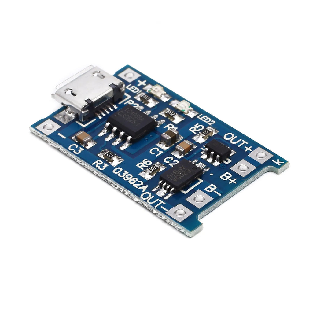 Small blue lithium battery charging and protection circuit board with solder pads, measuring 2.6 by 1.7 centimetres.