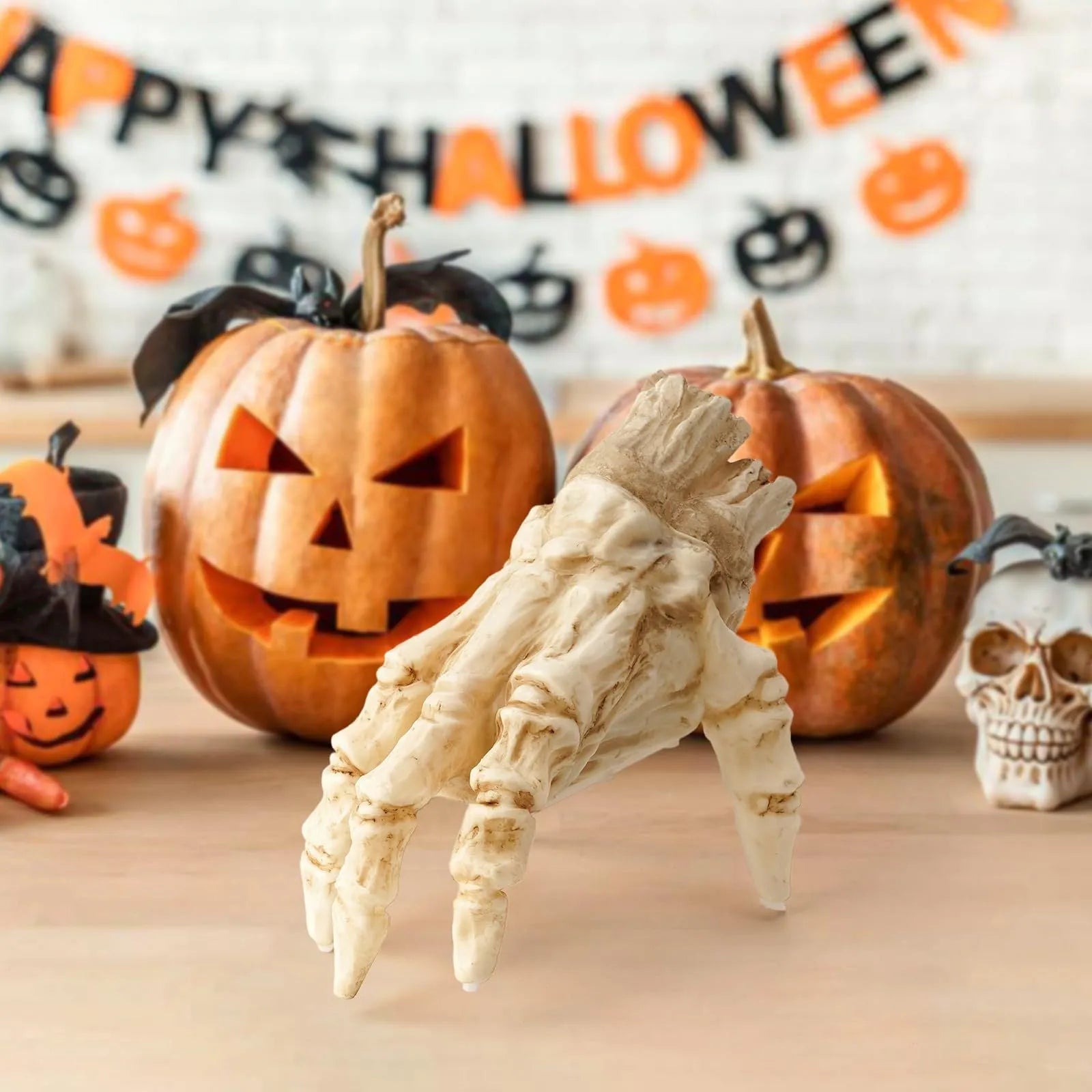 Halloween electric luminous crawling hand made of realistic vinyl with glowing lights on a floor