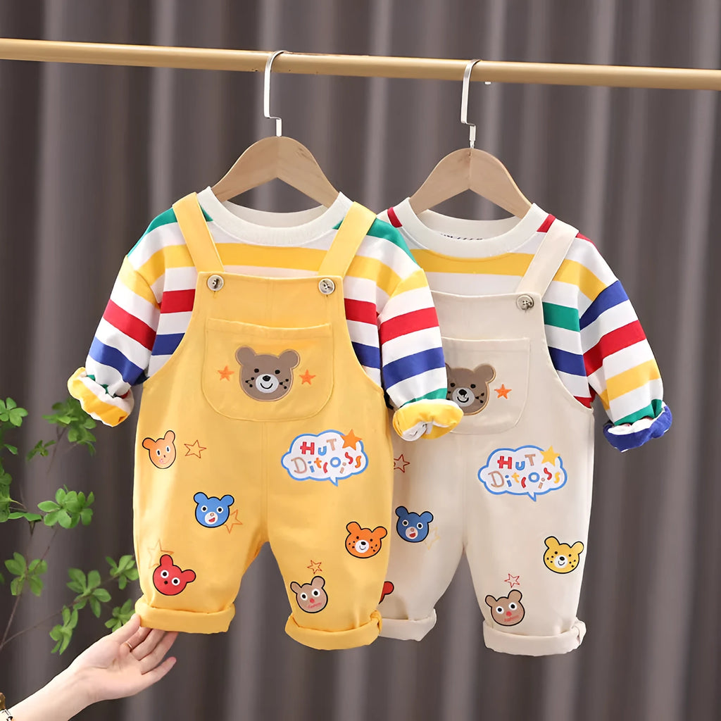 Boys' cotton plaid overalls suit with shirt and strap pants in beige or yellow colour