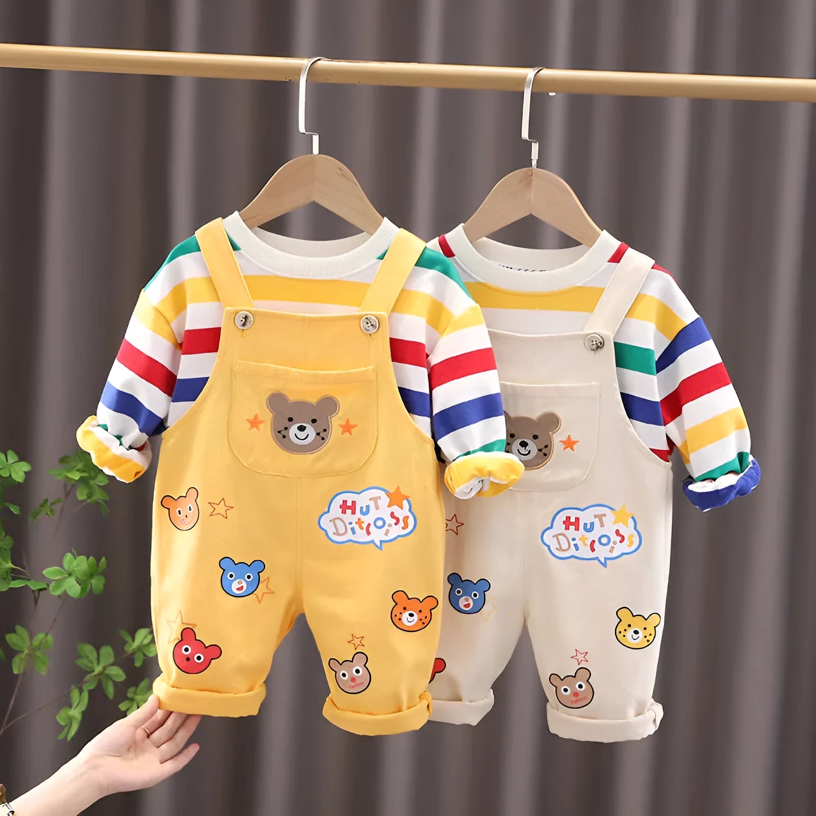 Boys' cotton plaid overalls suit with shirt and strap pants in beige or yellow colour