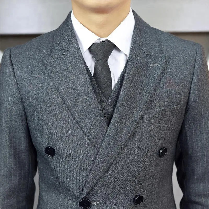 Men's three-piece suit set in slim fit with jacket, vest, and trousers in black