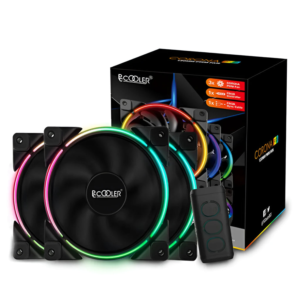 Set of three black 120mm ARGB PC cooling fans with illuminated blades.