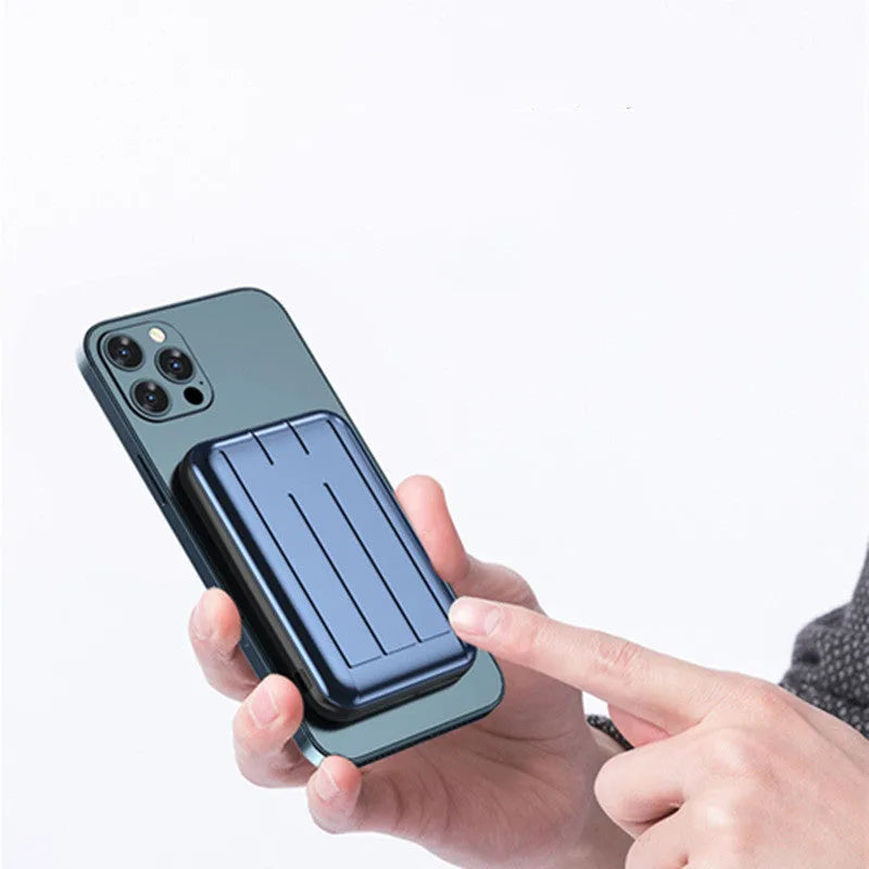 Magnetic wireless power bank in blue colour showing magnetic connectors and compact 98mm design