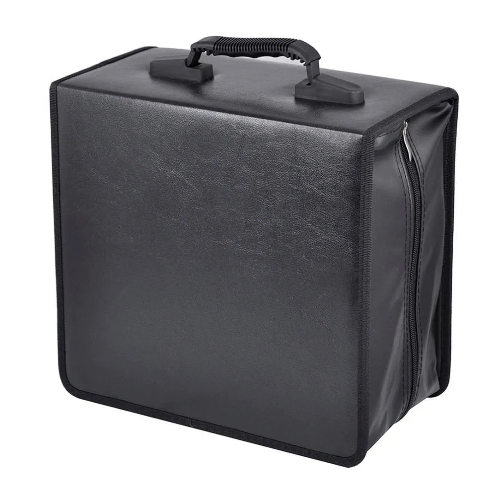 Black Oxford cloth CD storage binder with zipper closure and top carrying strap