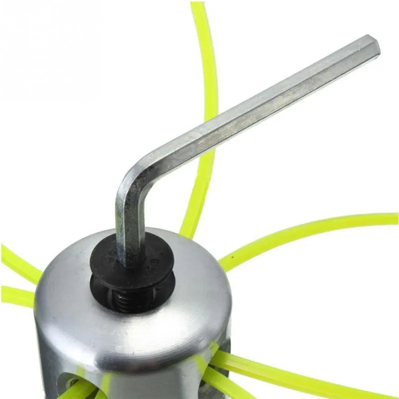 Silver aluminium lawn mower grass trimmer head replacement kit with four light yellow grass ropes