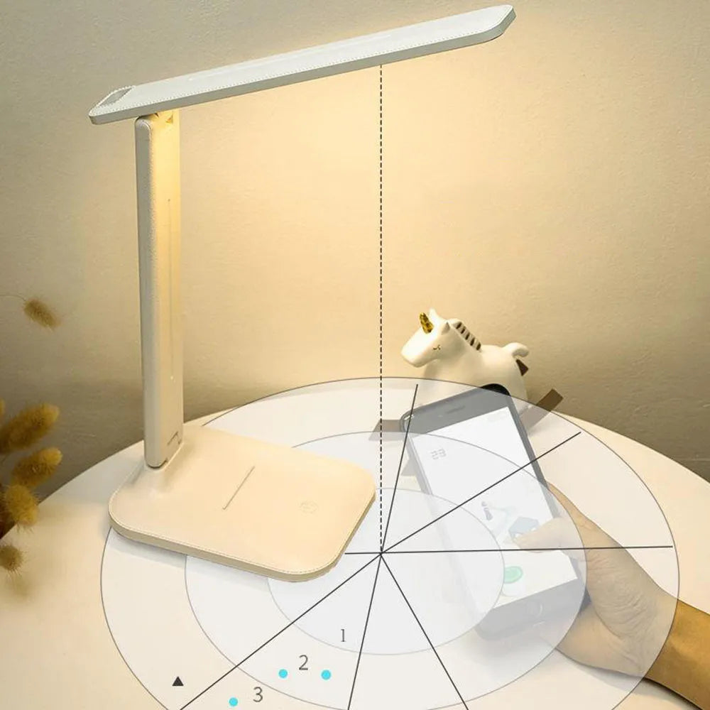 White touch dimming eye protection bedside lamp with USB charging port.