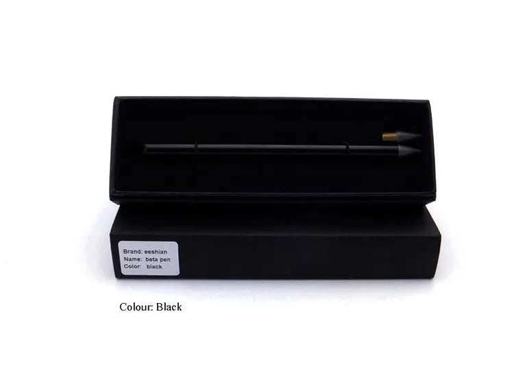 Silver Inkless Metal Pen with 0.5mm alloy tip, spare nib, and pen bag on wooden desk