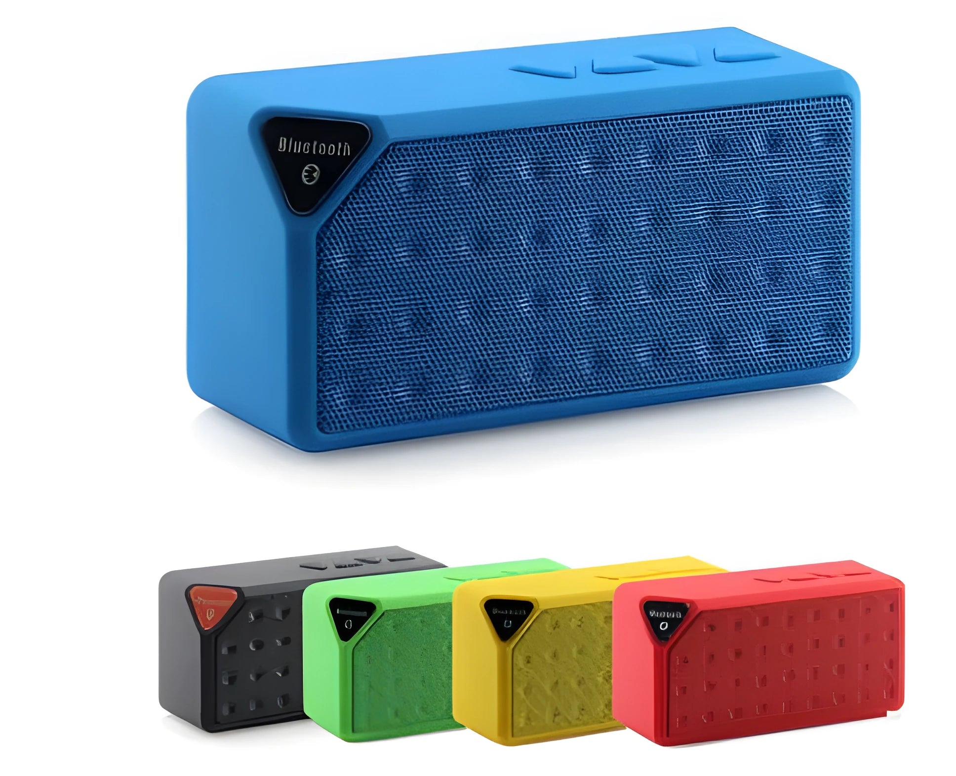 Small cube-shaped wireless Bluetooth speaker in multiple colours showing its compact, waterproof design