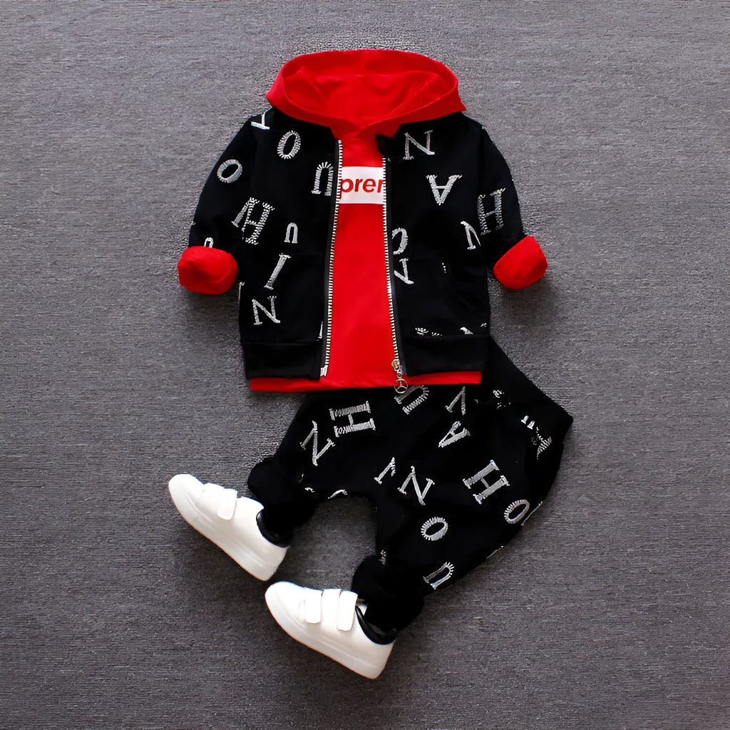 Red and white long sleeve children's clothing set made from polyester and vinylon blend fabric