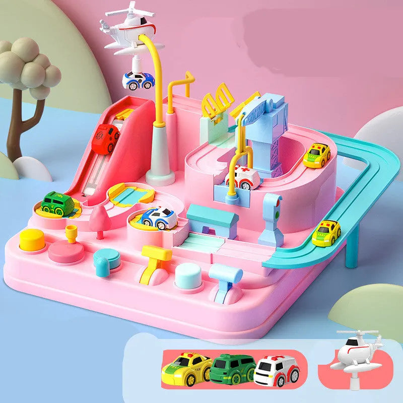 Big Adventure plastic toy set with multi-level parking garage, car tracks, and toy vehicles laid out for play.