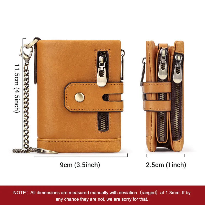 Men's tri-fold genuine leather wallet in brown solid colour with multiple card slots, anti-theft design