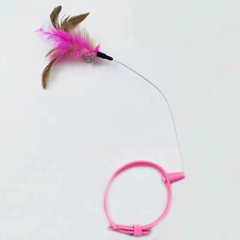 Blue adjustable cat collar with attached silicone teasing wand, dangling feathers, and bell