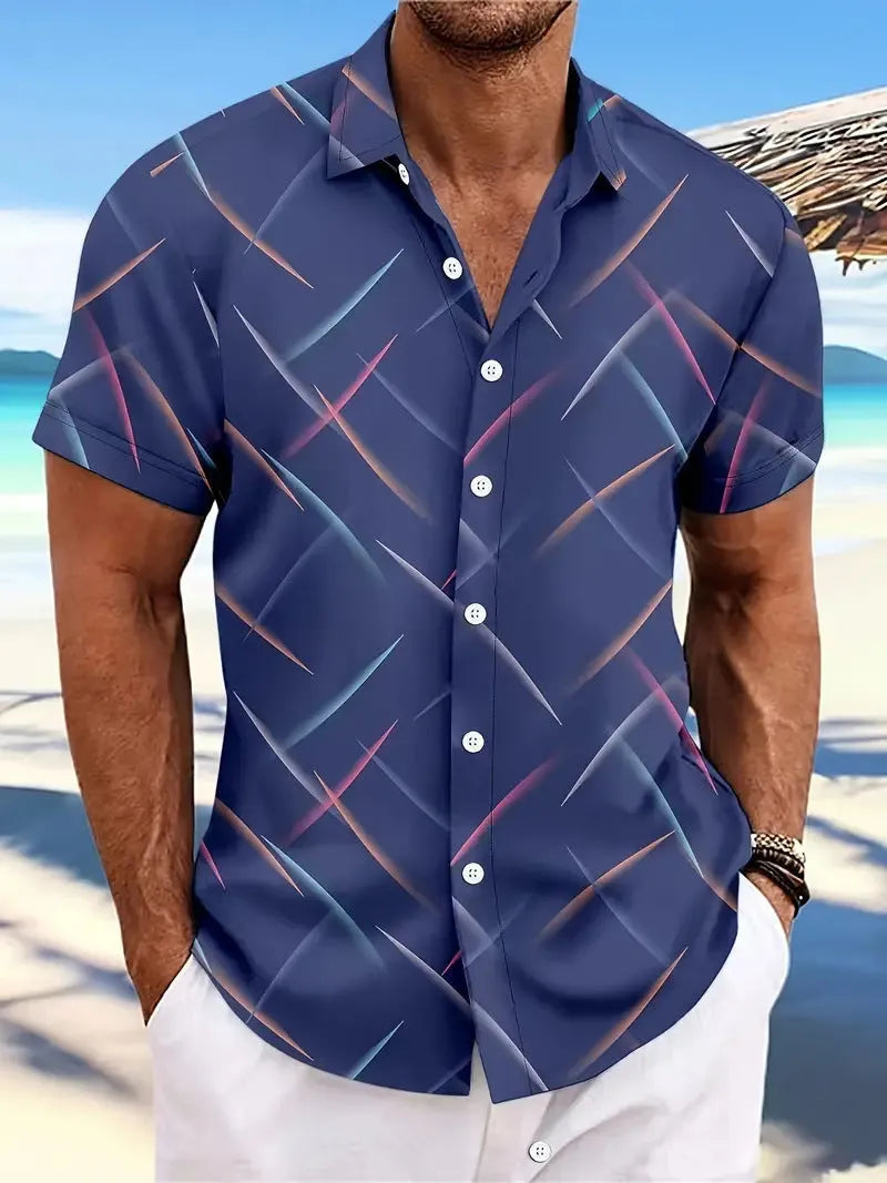 Men's casual beach button shirt with striped feather pattern, short sleeves, and loose fit in peacock blue colour
