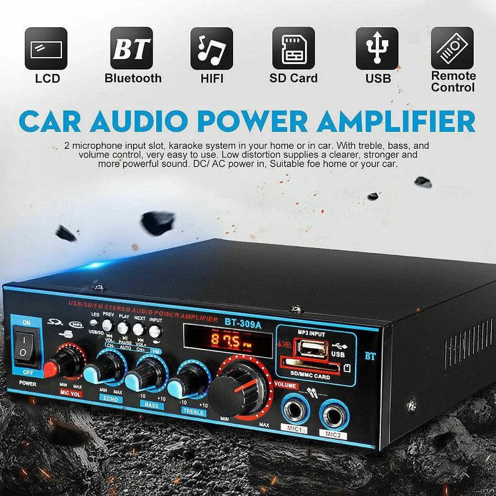 BT-309A-A black power amplifier with Bluetooth and recording functions for home and car audio
