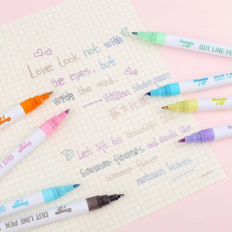 Set of highlighter pens with 1-2mm tips and water-based ink in various colours for student and office use.