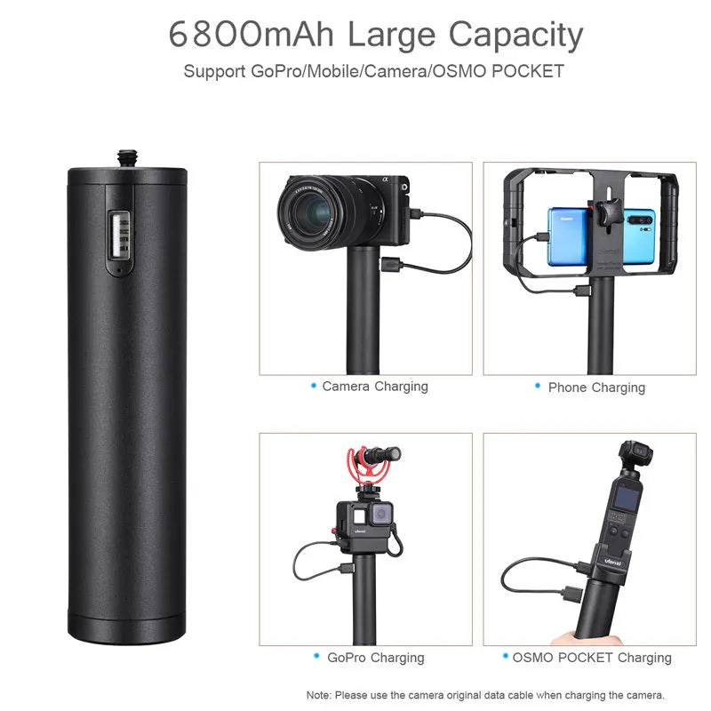 Black aluminium alloy portable power bank with a carry handle, showing compact size