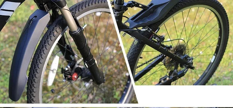 Mountain bike mudguard with quick-release mechanism and rear LED tail light on a bike front fork
