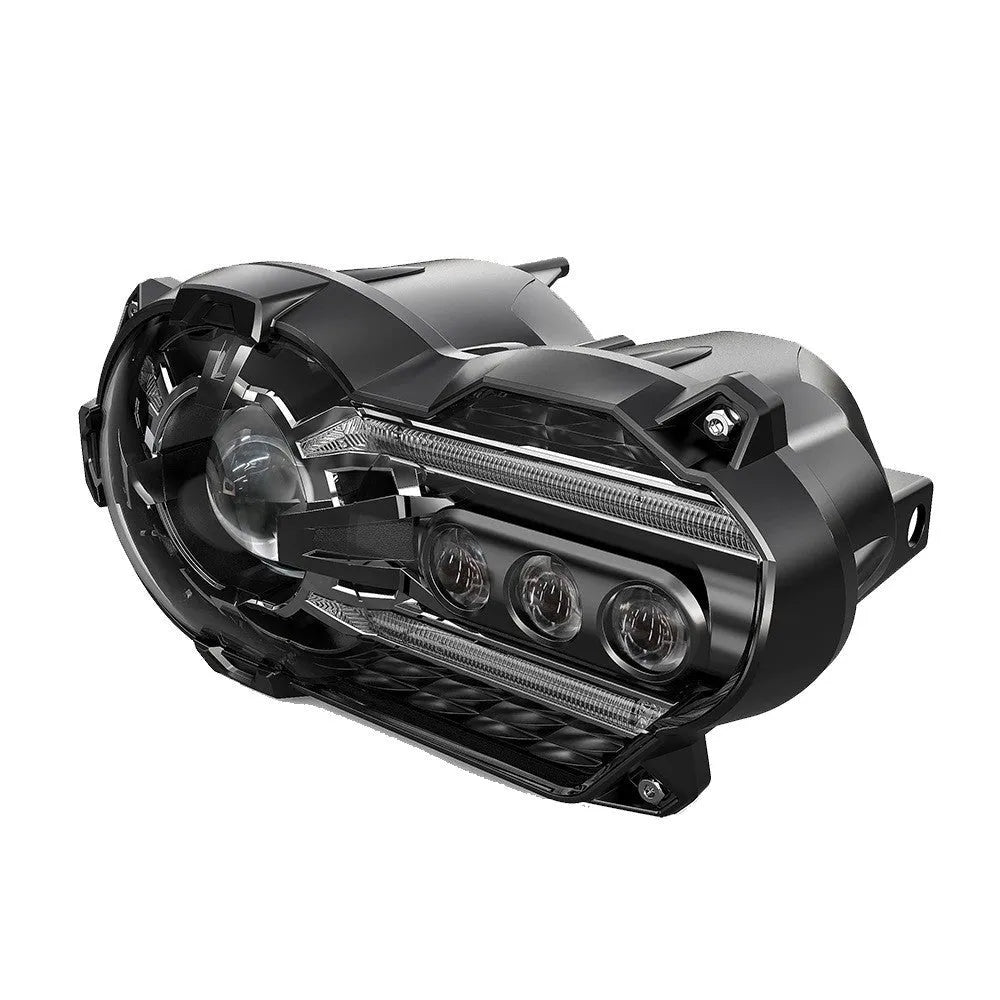 Black LED motorcycle headlight unit showing dimensions of 267mm width and 127mm height.