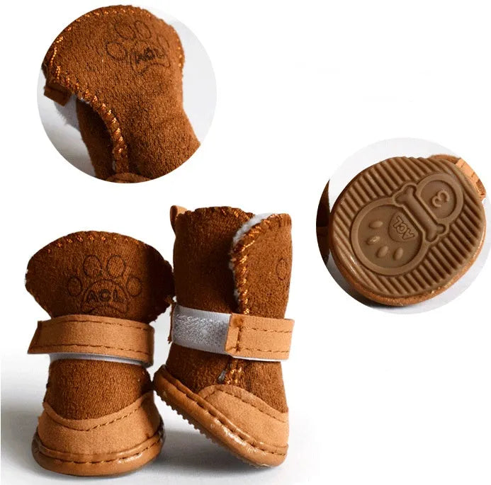 Four khaki velvet dog boots for winter snow walking, size options from small to extra large