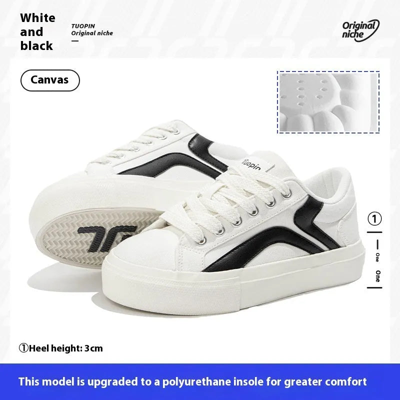 Women's low-top lace-up board shoes in blue, white black, black and white, and yellow black colour options