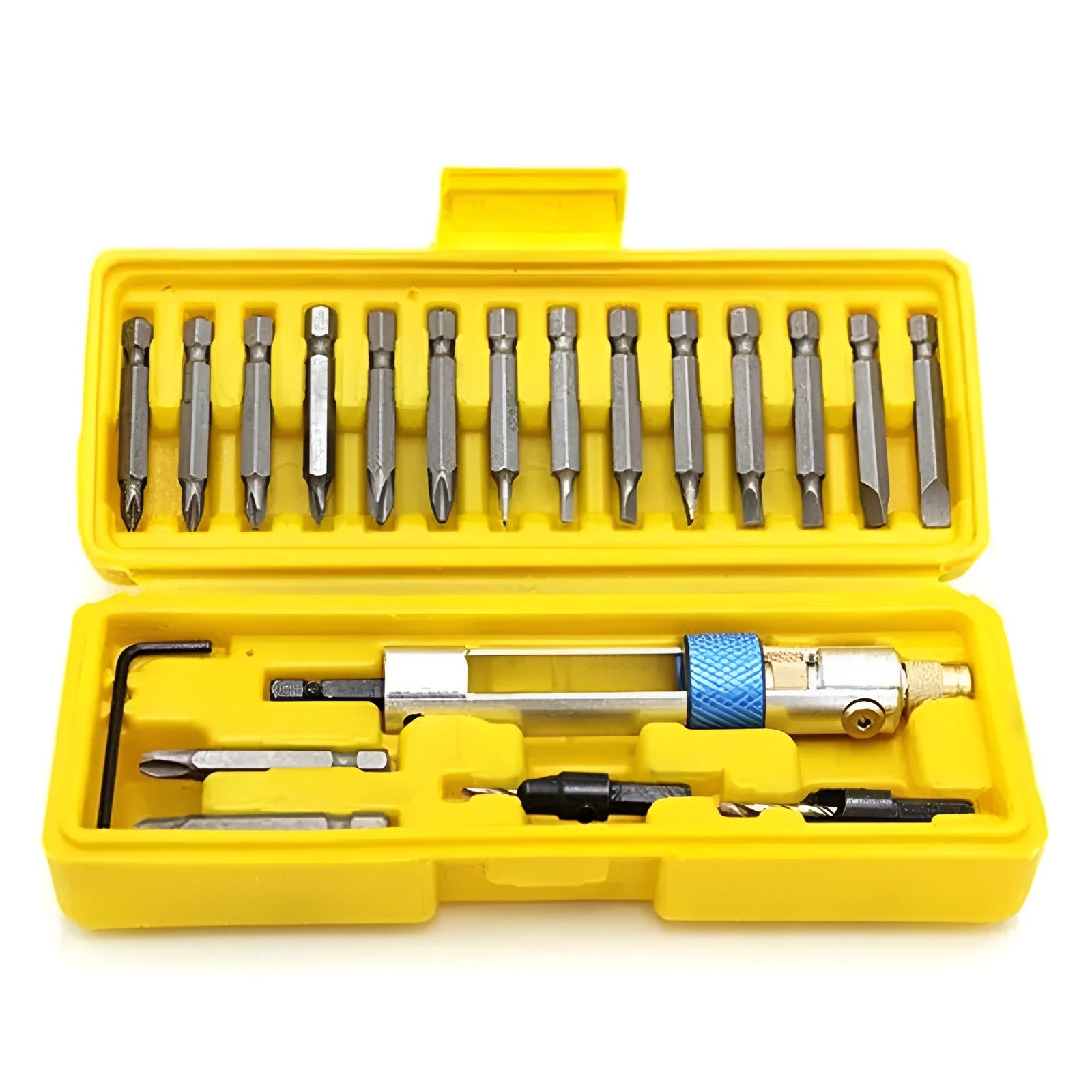 Half Time Drill adapter kit with swivel head driver, Phillips bits, flathead bits, and countersink bits on a workbench