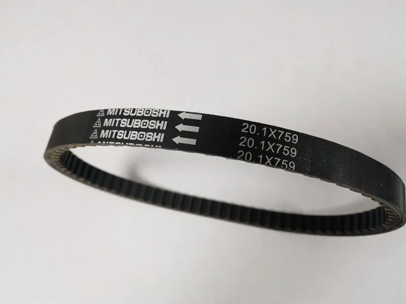 Black replacement drive belt for Guangyang Jili GP110 and Fengli VP110 pedal motorcycles.
