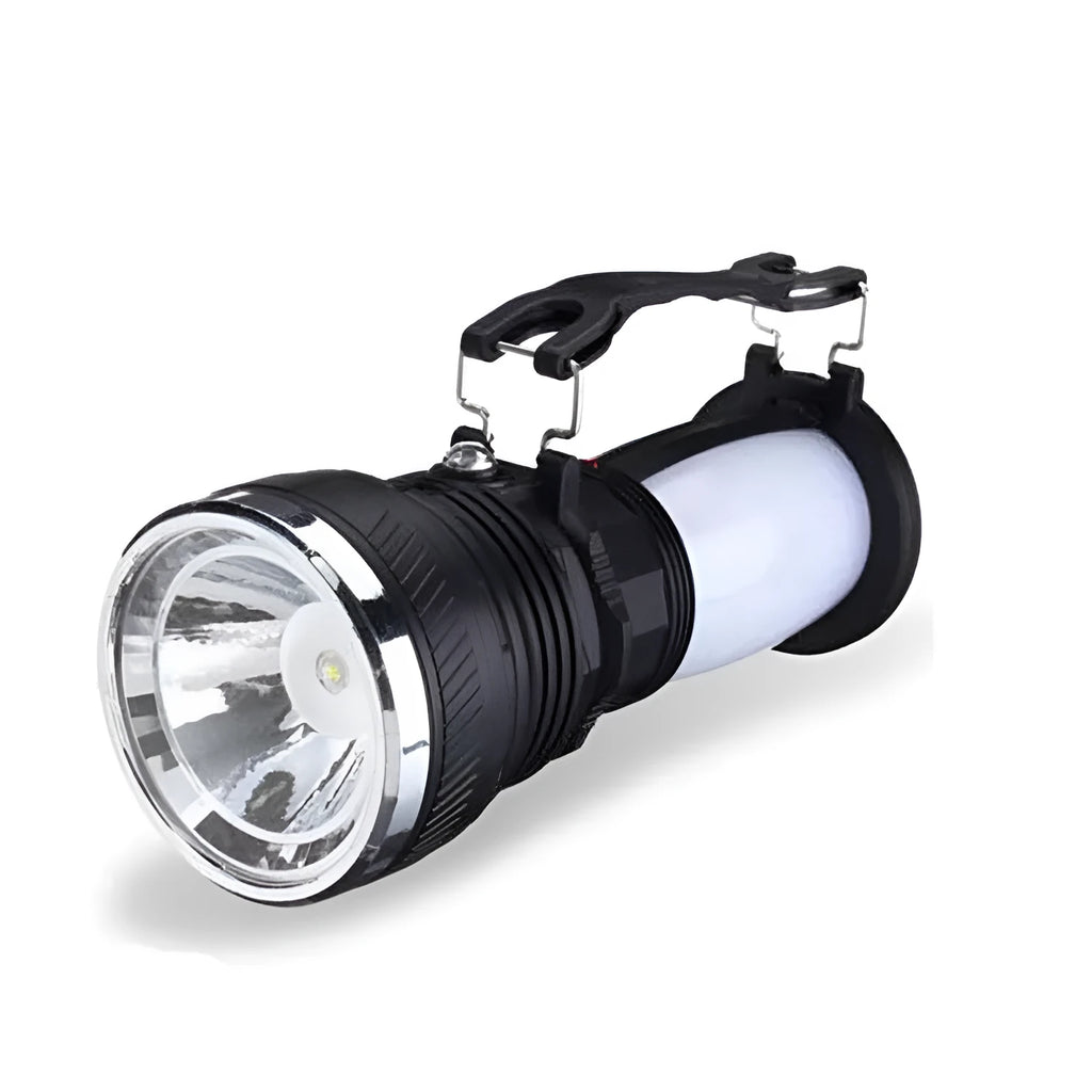 Black solar charging LED emergency flashlight with USB port for outdoor activities