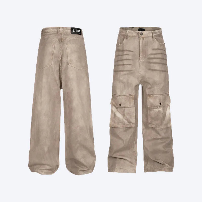 Straight loose fit A-line casual trousers in pure cotton denim with a mid waist and zip fly.