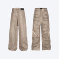 Straight loose fit A-line casual trousers in pure cotton denim with a mid waist and zip fly.