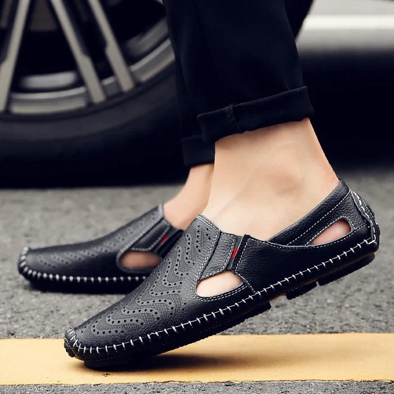 Fashion men's closed toe casual breathable sandals in cow split leather, available in multiple colours and sizes