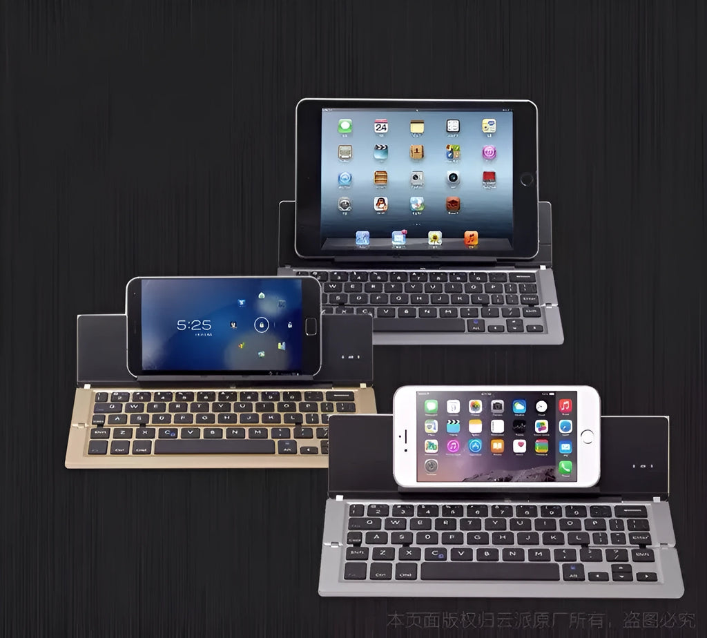 Universal foldable aluminium wireless Bluetooth keyboard compatible with Apple Android Windows, gold colour, expanded view